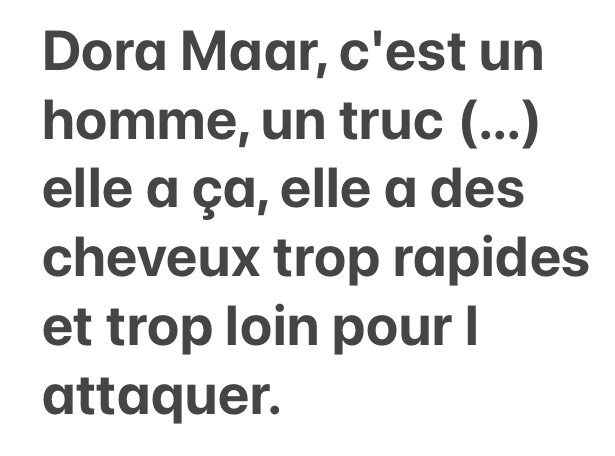 ‘Dora Maar elle a des cheveux trop rapides et trop loin pour l’attaquer.’